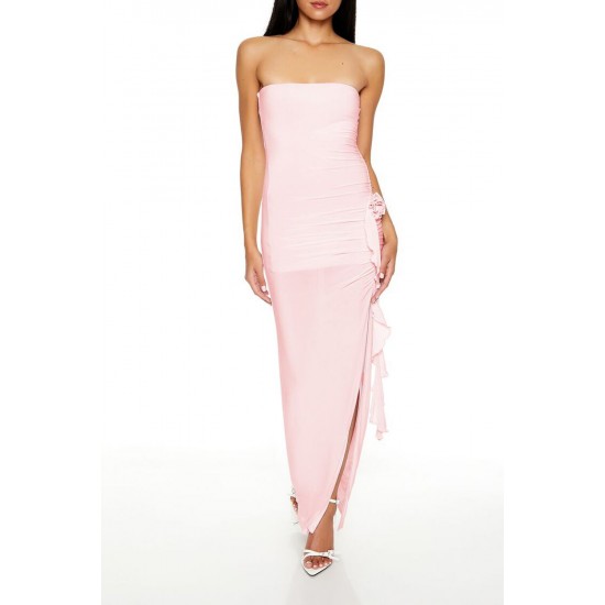 Rosette Ruffle Maxi Tube Dress