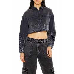 Cropped Rhinestone Denim Shirt